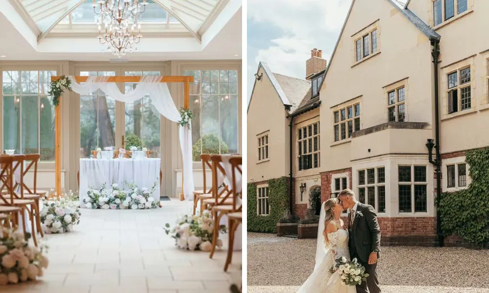 an orangery set up for a wedding reception and a bride and groom kisisng outside of Plum Park Manor