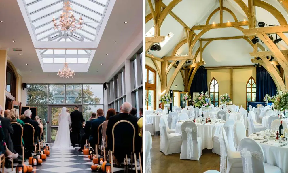 a bride and groom getting married in a light-filled orangery