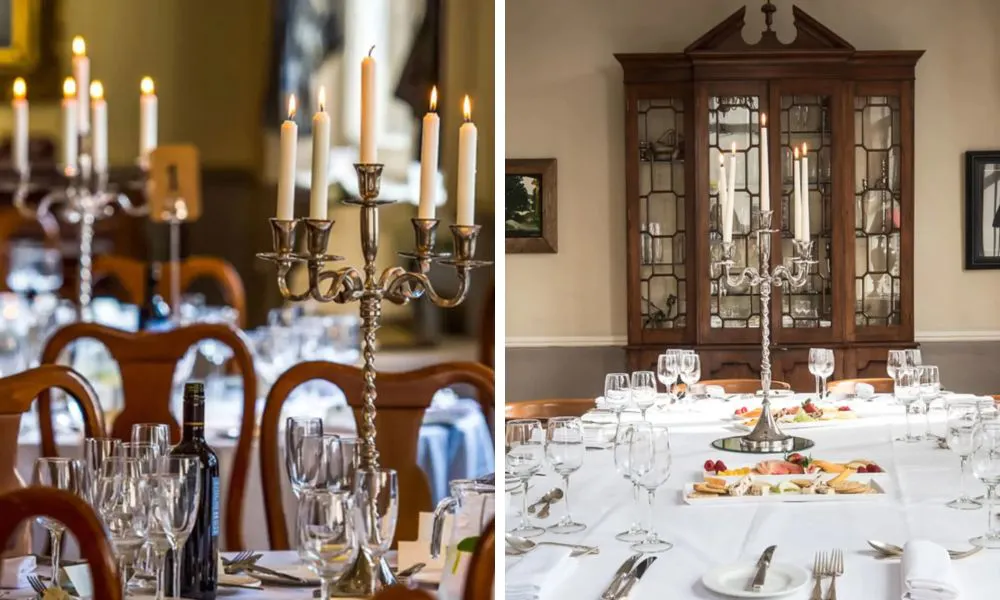 white-clothed tables set up for a wedding breakfast