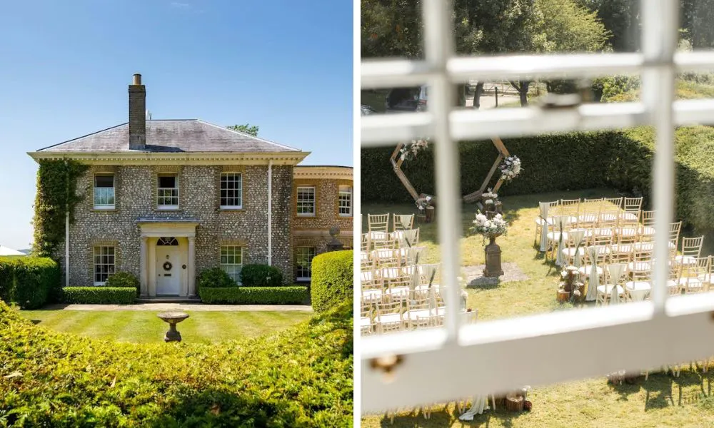 iydllic countryside setting, and wedding ceremony set up on the lawns