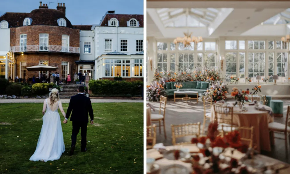 orangery wedding dinner with pretty flowers