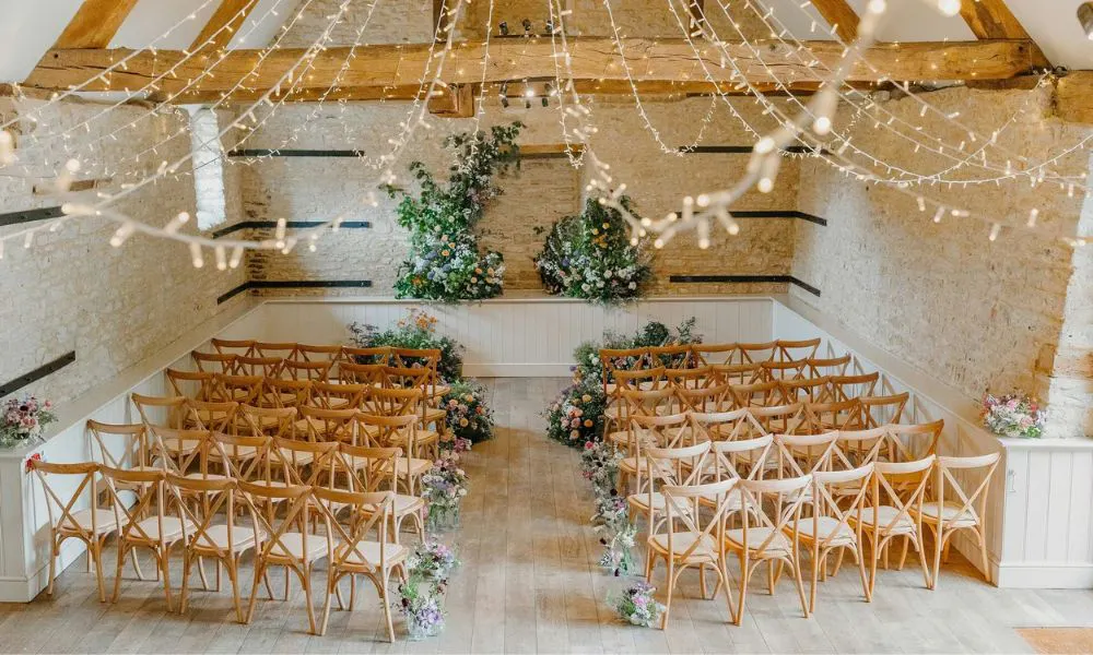 an idyllic, rustic setting set up for a wedding ceremony