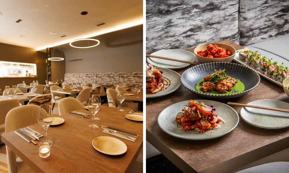 dining room with warm lights and asian style plates with sushi