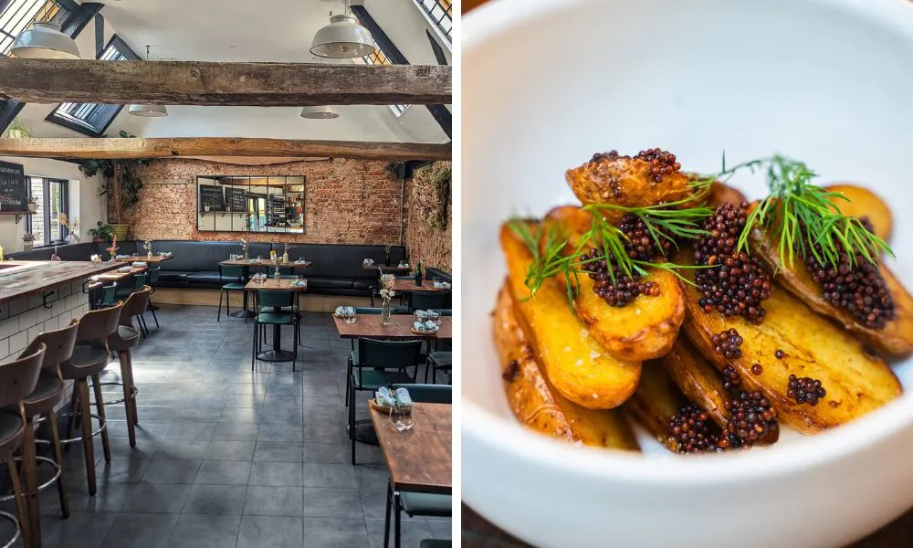 light bright dining room and potatoes with caviar and dill