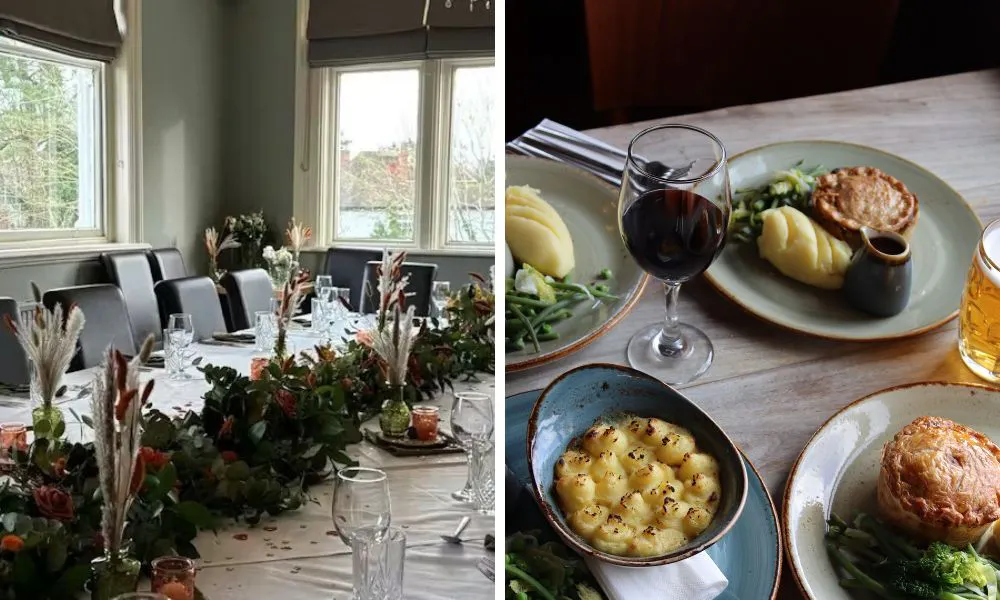 private dining table with floral centrepiece and pies with mash and red wine