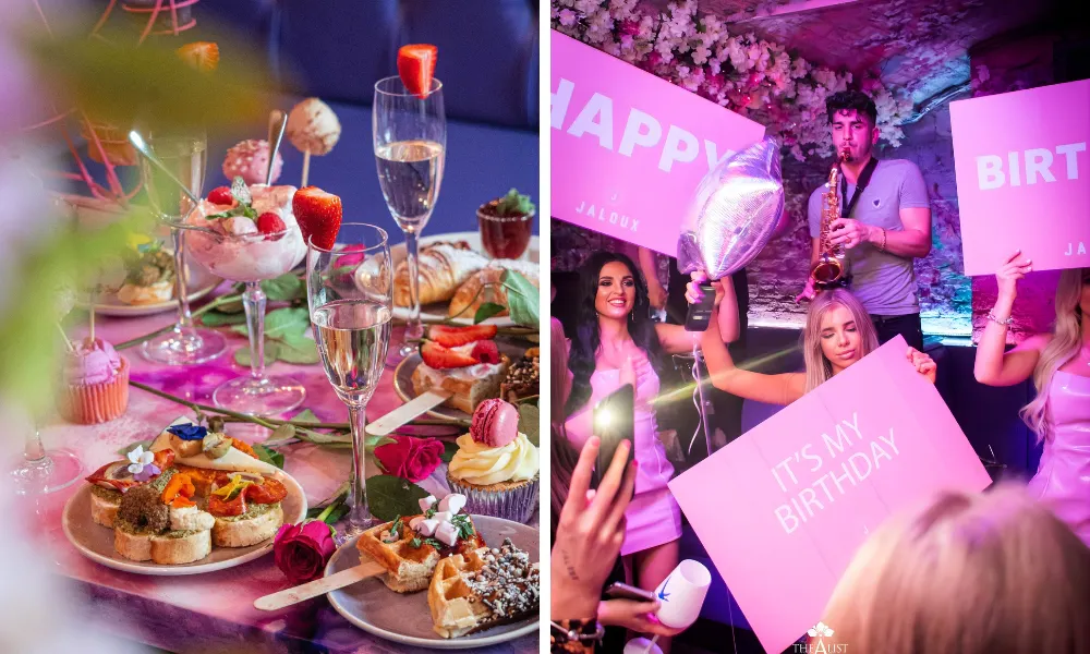 pretty brunch plates and pink club setting 