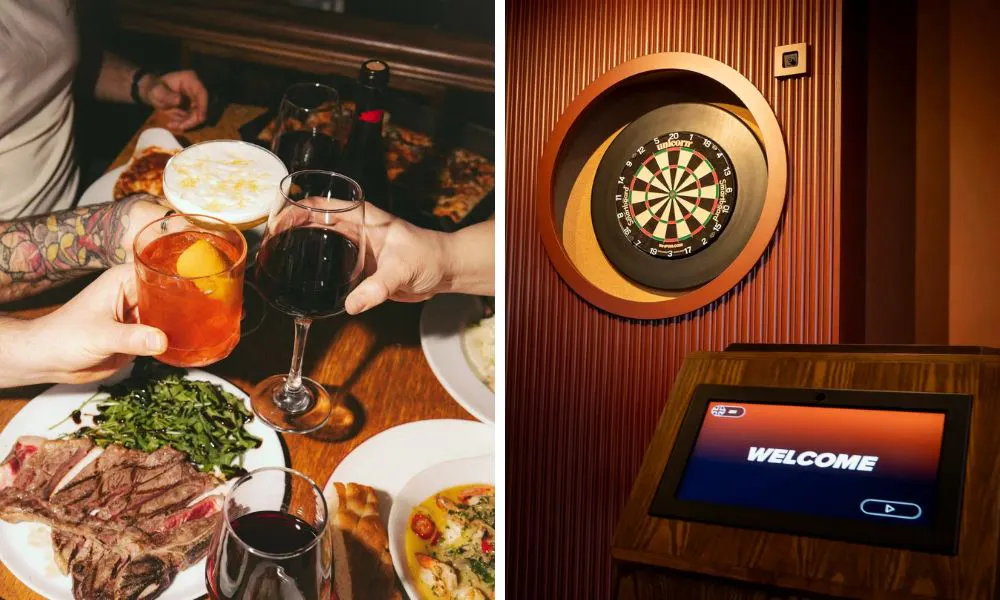 People cheersing drinks whilst eating Italian food, and an itneractive darts board.