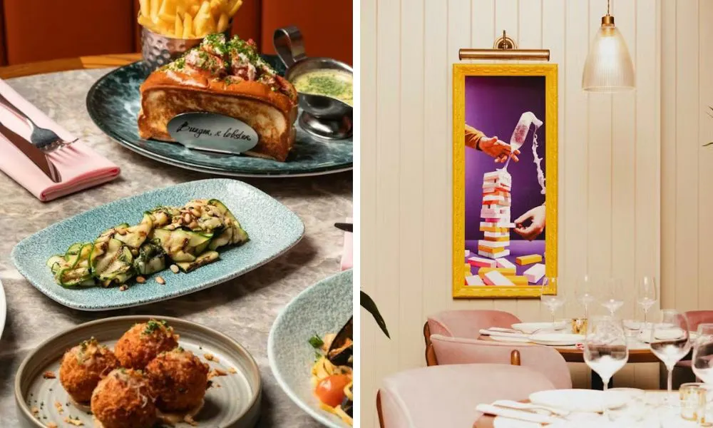 lobster roll salad and croquettes and dining room with pink chairs