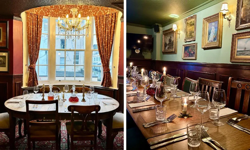 private dining table under chandlier and long banquet table in pub