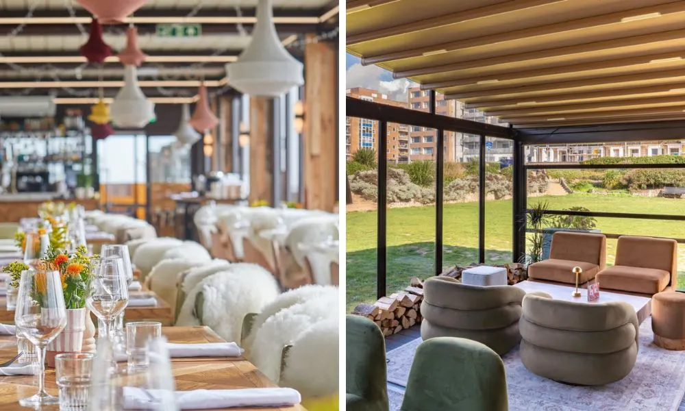 long banquet tables with fur chairs and outdoor greenhouse with wood logs