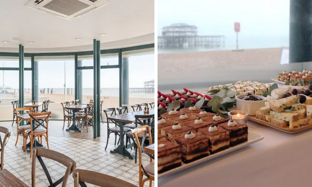 restaurant with glass windows and canapes and cheese boards