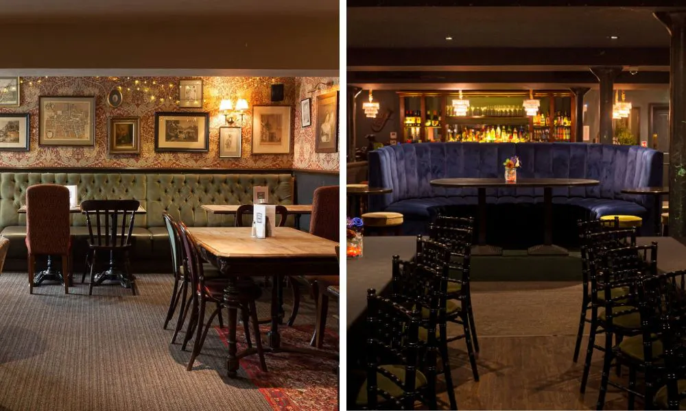 cosy pub seating nook and underground speakeasy with blue velvet seating