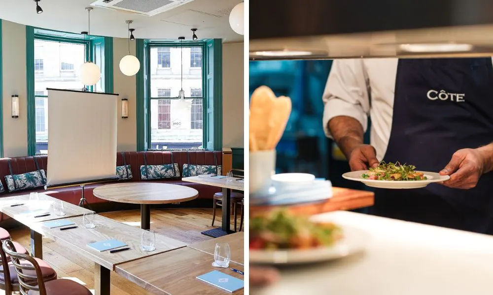 restaurant with clipboard and chef serving a salad on the pass