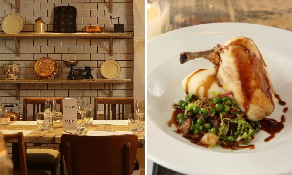 cosy dining room and chicken with peas and mash
