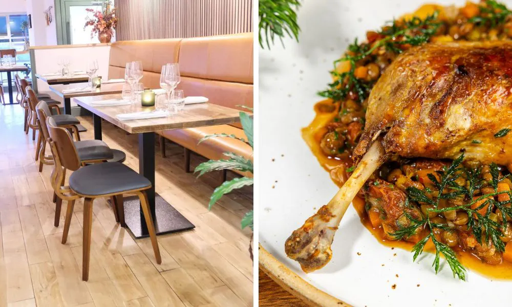 dining tables in restaurant and chicken leg with lentils