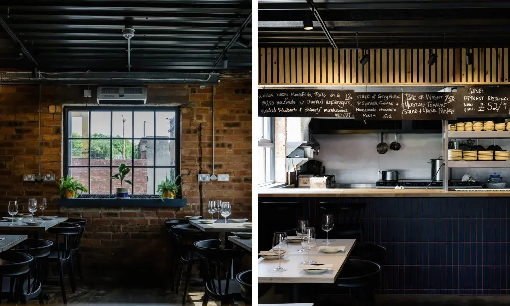 dark and moody dining room and open kitchen