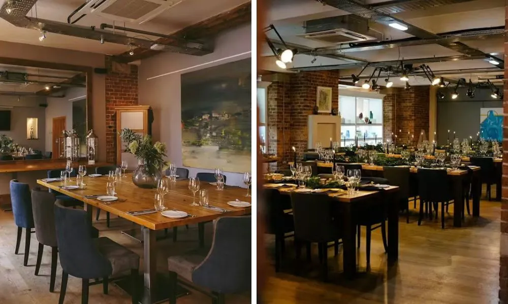 long tables in exposed brick room and big wooden banquet table with art mural