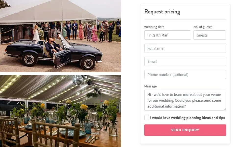 wedding spaces at Devil's Dyke Farm and a form to request pricing for the venue