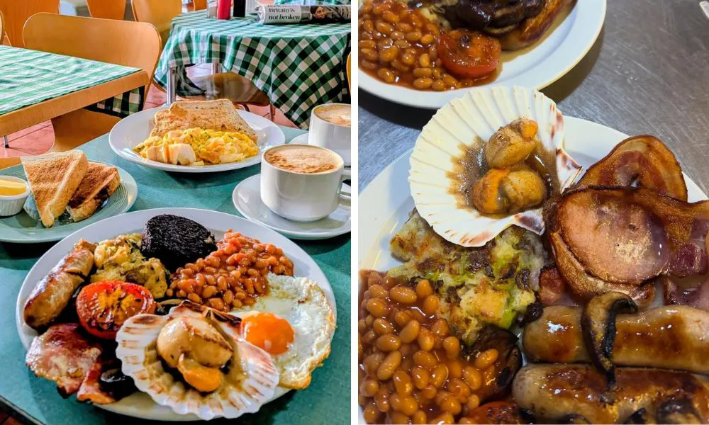 fried breakfast with scallops and a cup of coffee