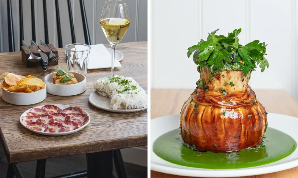 small plates with charcuterie and crisps and pie topped with parsley