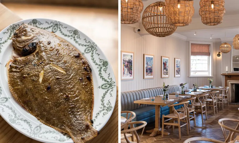 whole fish and restaurant dining room with whicker lightshades