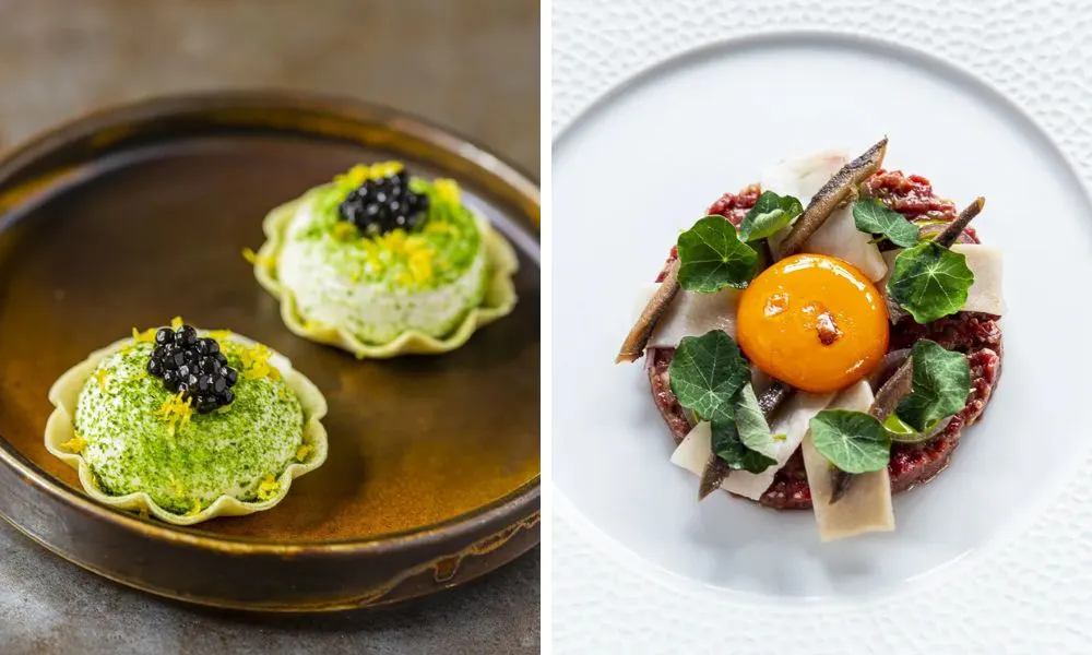 tart with caviar and beef tartare with anchovies and egg yolk