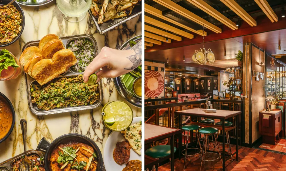 Dishes from dishoom, including bread rolls adn curry