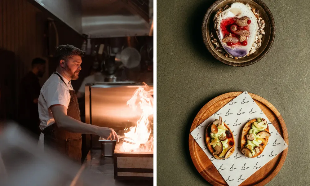 Chef cooking with fire and two fine dining starters