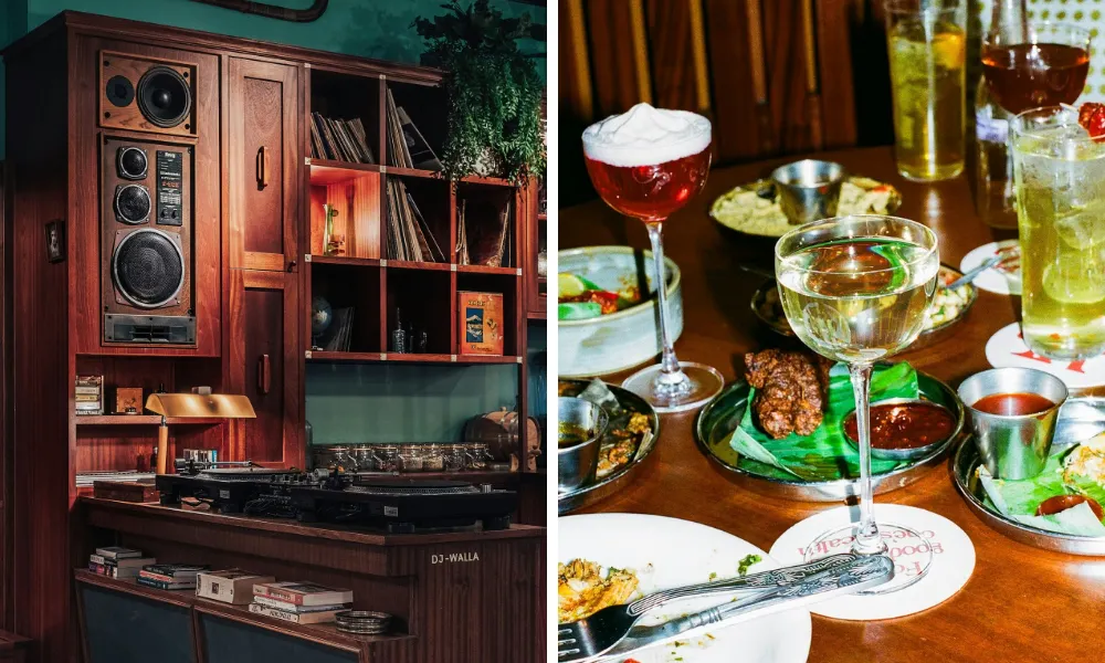 dj decks and table with elegant cocktails and indian snacks