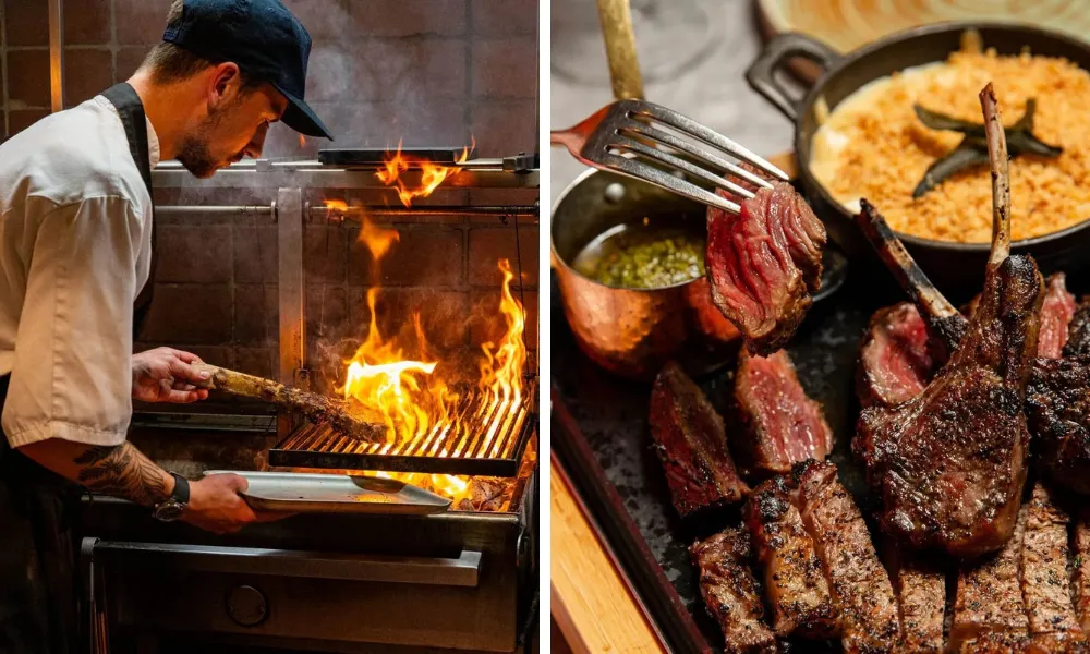 steak cooking over fire