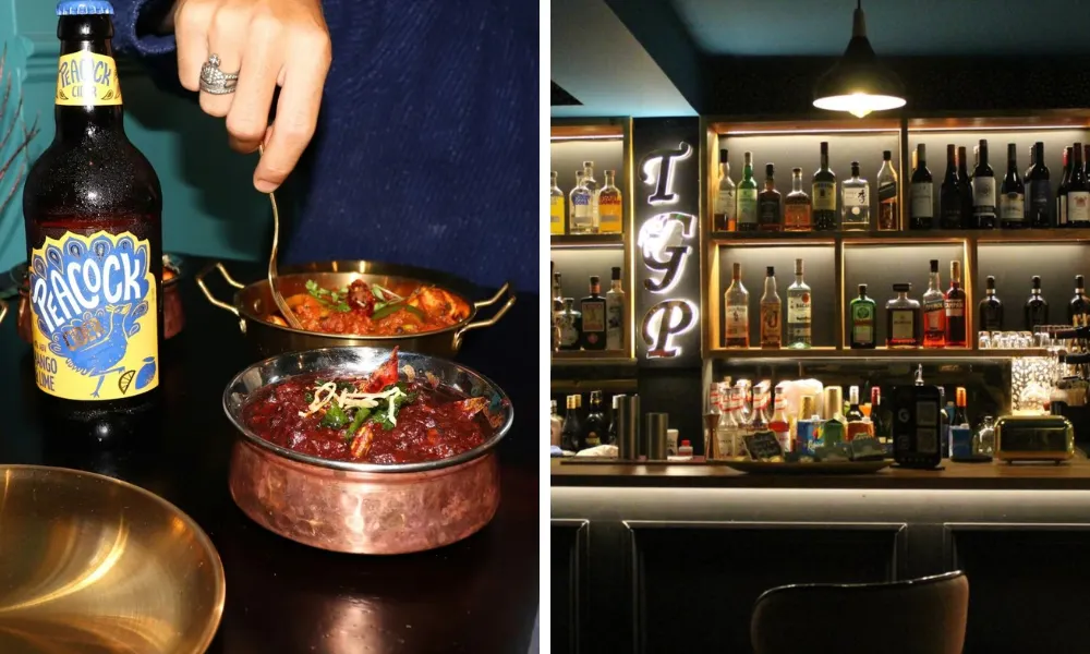 indian curries and picture of restaurant bar 