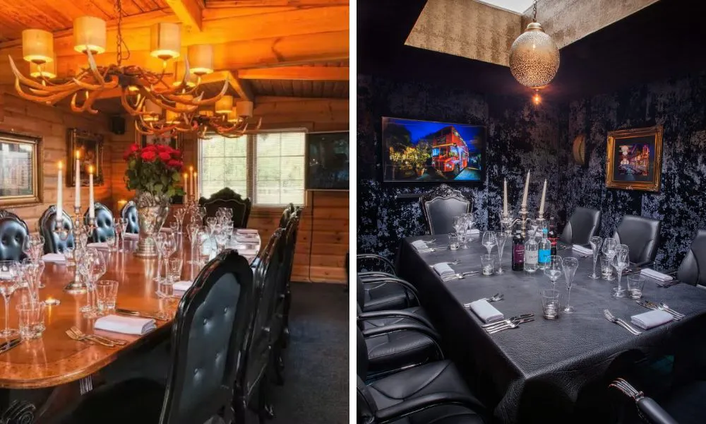 cabin room with banquet table and private dining room with dark features