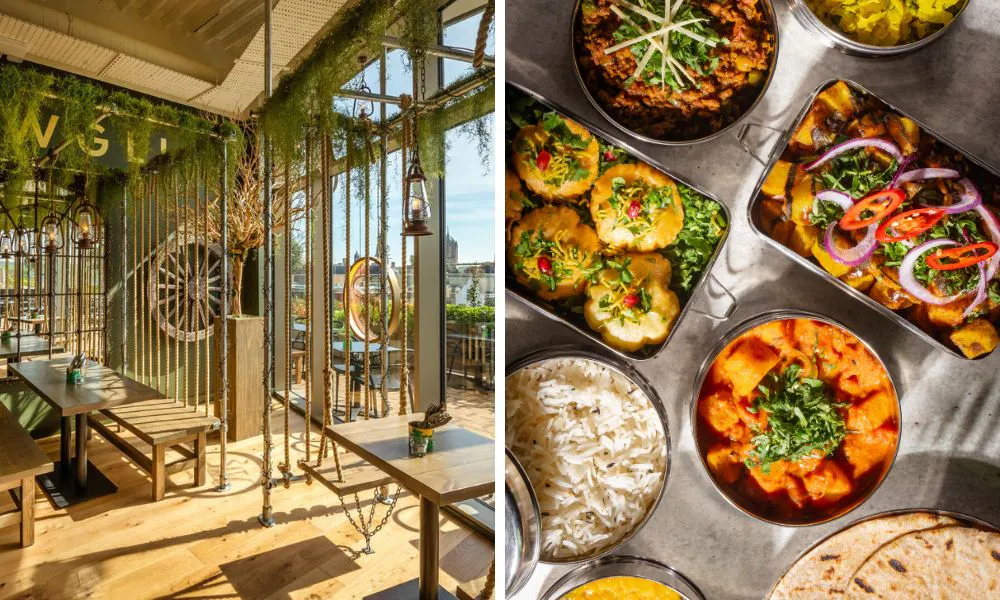 restaurant with glass windows and terrace and indian street food
