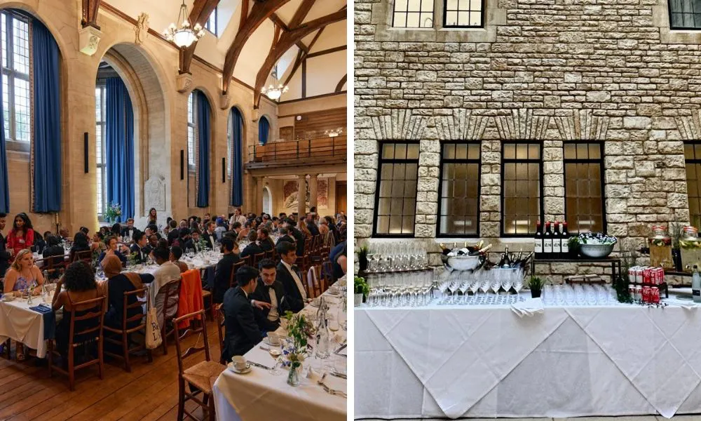 long banquet tables and outdoor bar with drinks