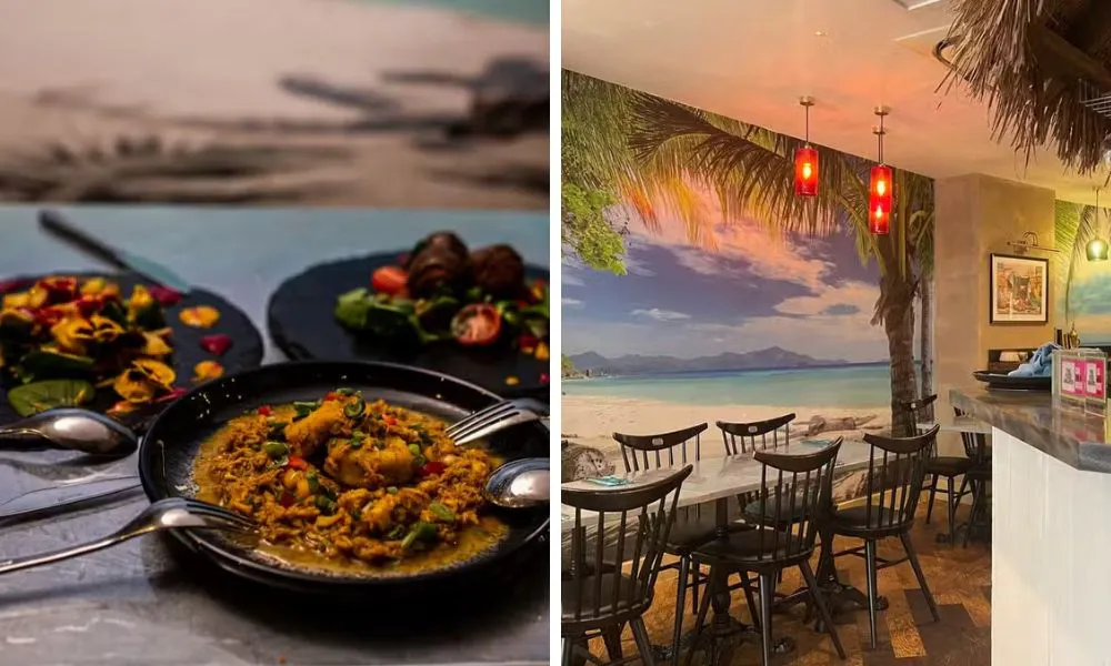 caribbean dishes and restaurant with beach mural