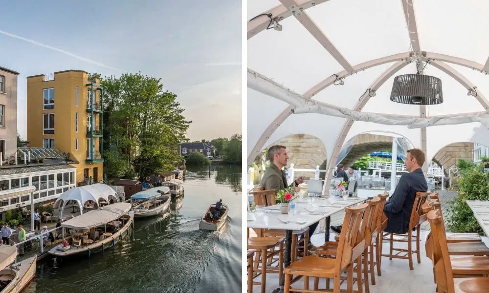 riverside restaurant with outdoor terrace and private dining dome