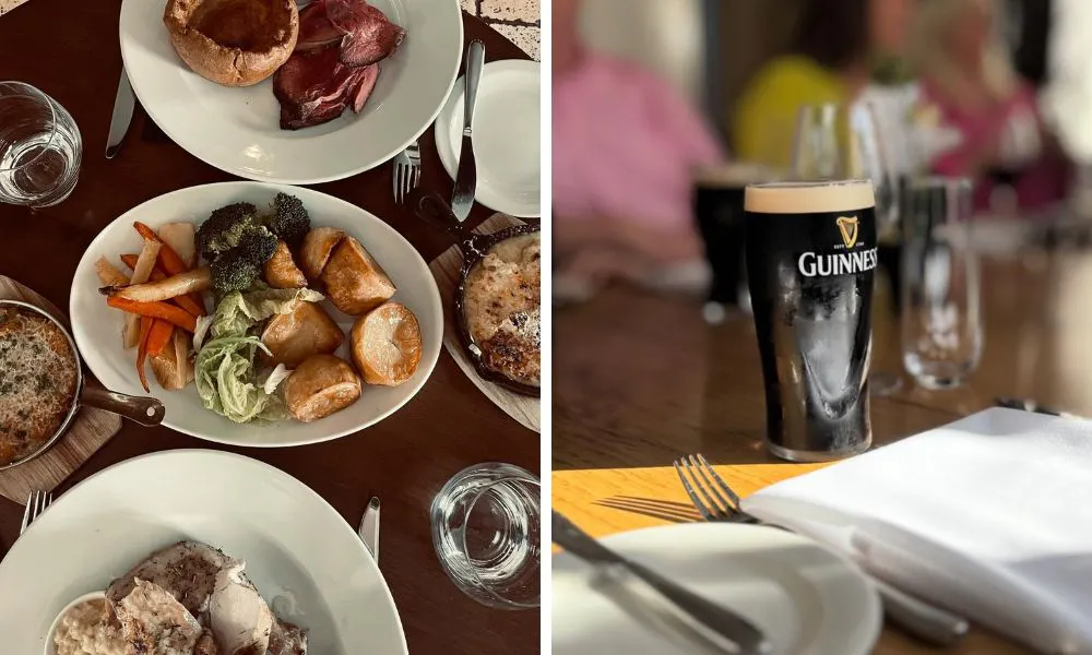 roast dinner and pint of guinness in a pub