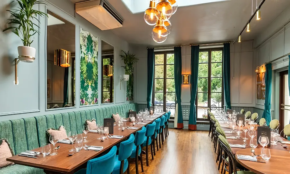 sea green private dining room with long tables