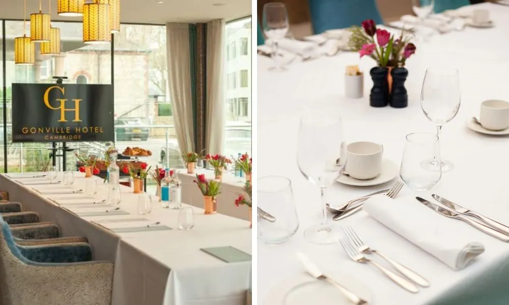 hotel private function room and table set with cutlery and wine glasses