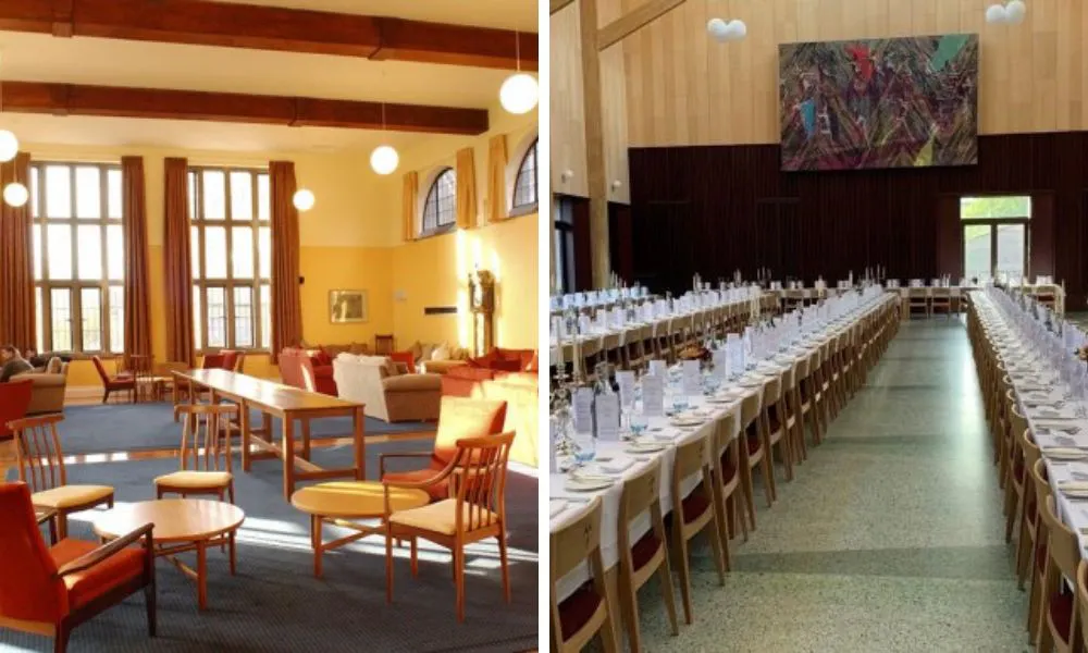 room in a college and dining hall with banquet tables