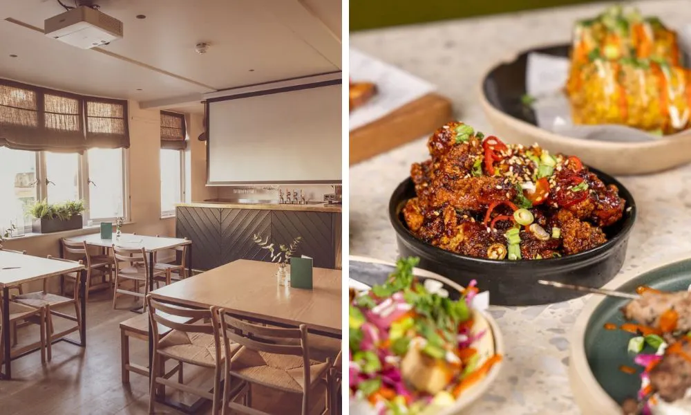 private meeting room with projector and sharing plates with fried chicken