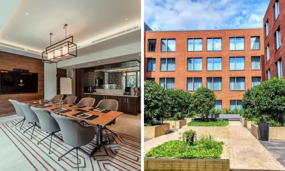 board room with tv and outdoor area of a hotel