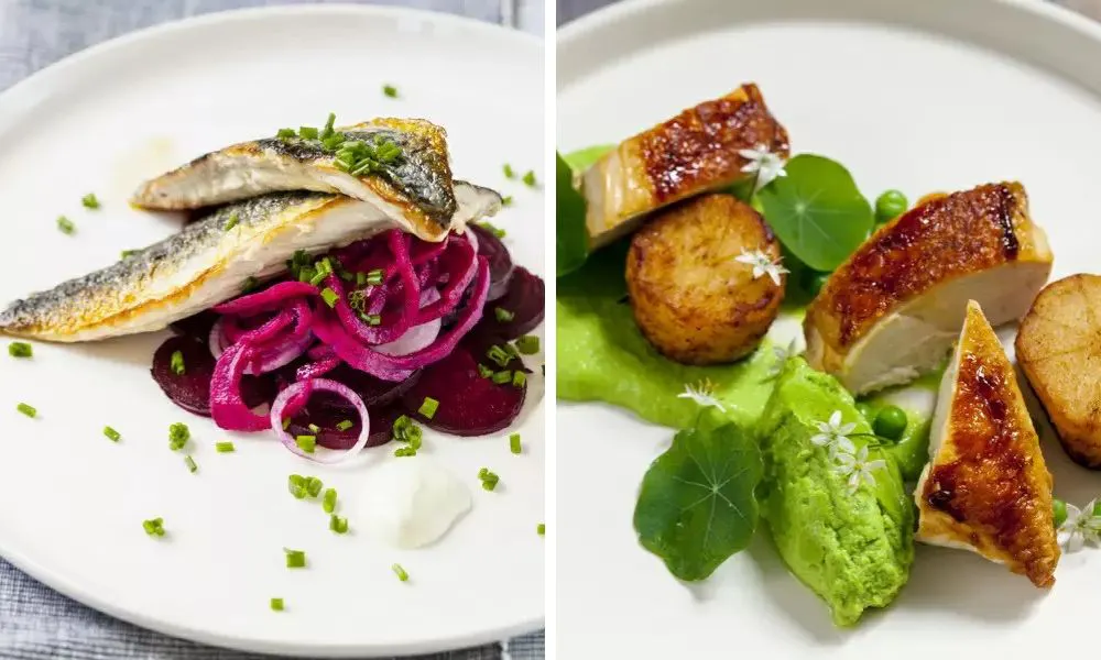 fish with beetroot and pickled red onions and chicken with potatoes
