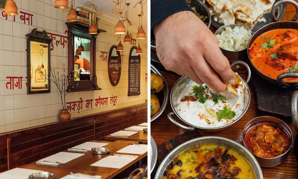 dining room with bench seating and mirrors on wall and Indian sharing platesand 