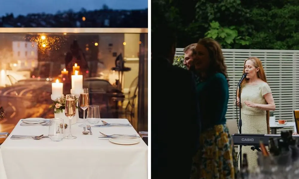 romantic candlelit table for two and singer playing at a party