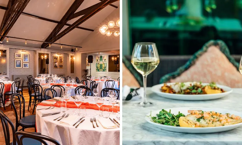 private dining space and fish with white wine