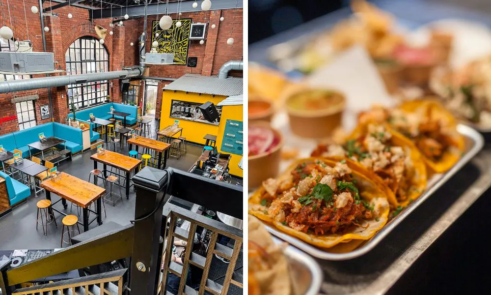 view of restaurant from upstairs mezzanine and tacos on metal tray