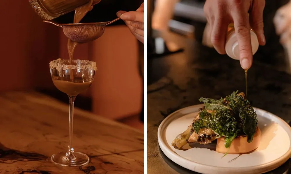 cocktail being poured and dish being drizzled with oil