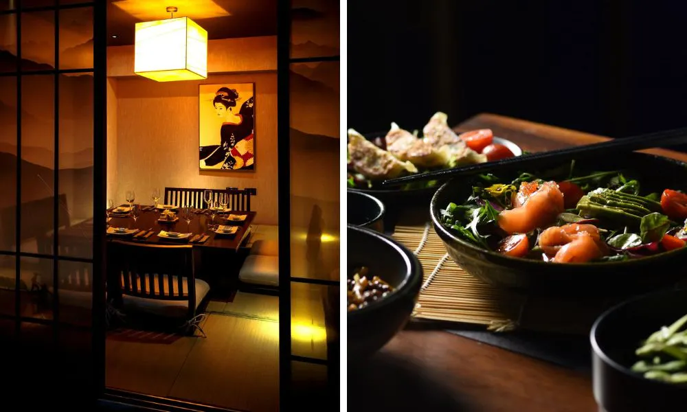 private dining room in japanese restaurant and gyozas with sushi