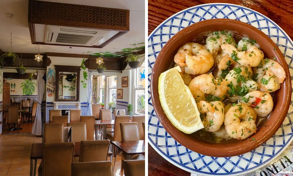 spanish style dining room and prawns with lemon wedge
